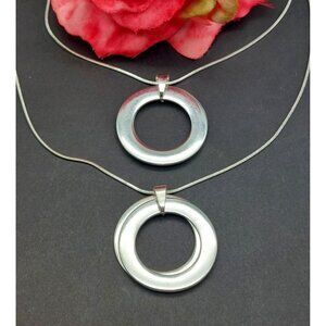 Silver Tone Long Double Chain 2 Pendant Necklace Dangle Discs Snake Chains 28.5"